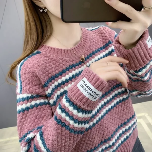 2023 autunno inverno nuovo Pullover girocollo maniche lunghe maglione a righe larghe Office Lady Basics Casual Knit Underlay 3