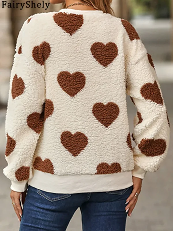 Fairyshely 2025 Inverno Love Print Felpe con cappuccio larghe da donna Felpa con stampa a maniche lunghe Allentato Casual Autunno Lady Felpa con cappuccio in peluche Top 5