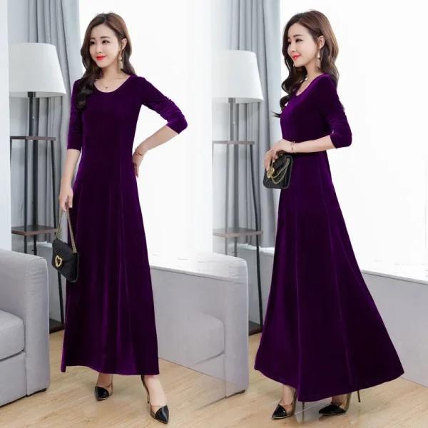 Abito elegante in velluto a maniche lunghe con scollo tondo Abito lungo stile Cheongsam da donna Autunno Inverno Nuovo arrivo gonna base taglie forti 2