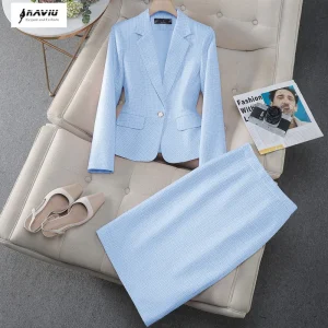 NAVIU Tessuto di alta qualità Stili eleganti Abiti da donna Temperamento blu Giacca a maniche lunghe e gonna Abbigliamento da lavoro da donna per ufficio 1