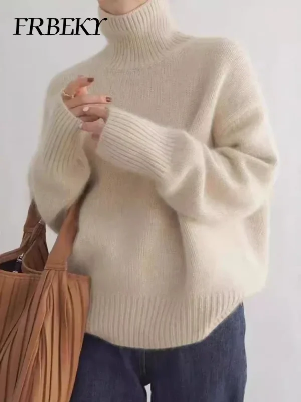 Maglione da donna autunno moda coreana collo alto maglione lavorato a maglia tinta unita maglione lavorato a maglia a maniche lunghe allentato abbigliamento femminile 1