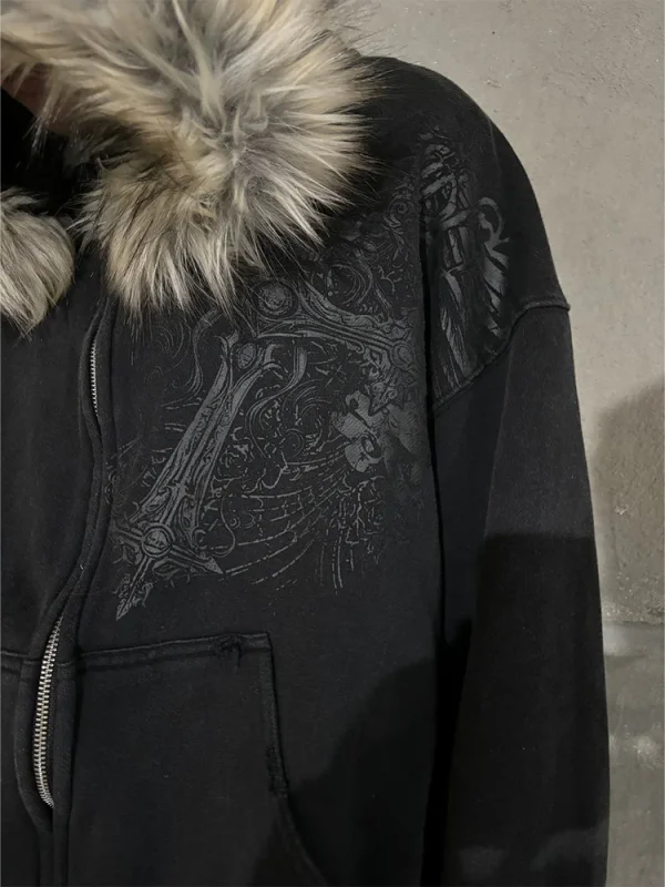 Autunno/Inverno Y2k Donne Estetica Harajuku Collo in Pelliccia Sintetica Felpe con Cappuccio Vestiti Grafica Hip Hop Punk Gotico Zip Up Felpe 2025 nuovo 2
