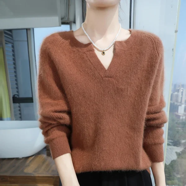 100% puro visone maglione di cachemire delle signore con scollo a V pullover di maglia spessa casual allentato camicetta a maniche lunghe autunno nuova camicia di grandi dimensioni 3