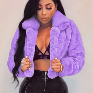 Moda pelliccia sintetica punto aperto risvolto giacche Crop abbigliamento donna autunno inverno solido manica lunga caldo peloso soffice cappotto esterno usura 1