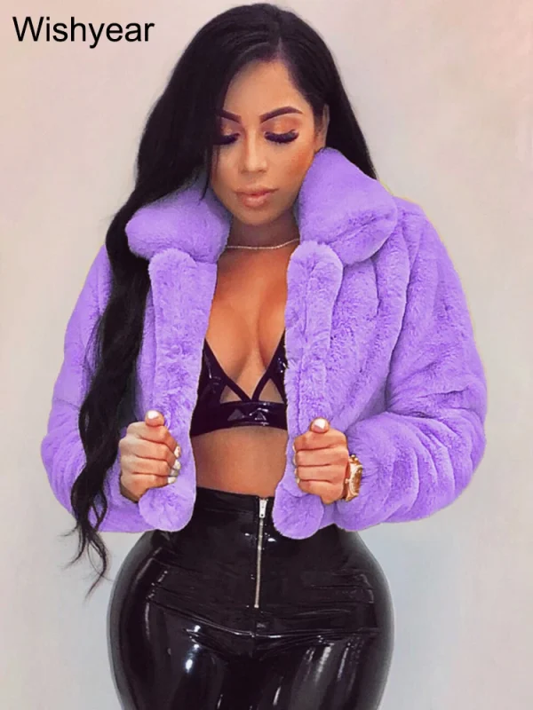 Moda pelliccia sintetica punto aperto risvolto giacche Crop abbigliamento donna autunno inverno solido manica lunga caldo peloso soffice cappotto esterno usura 1