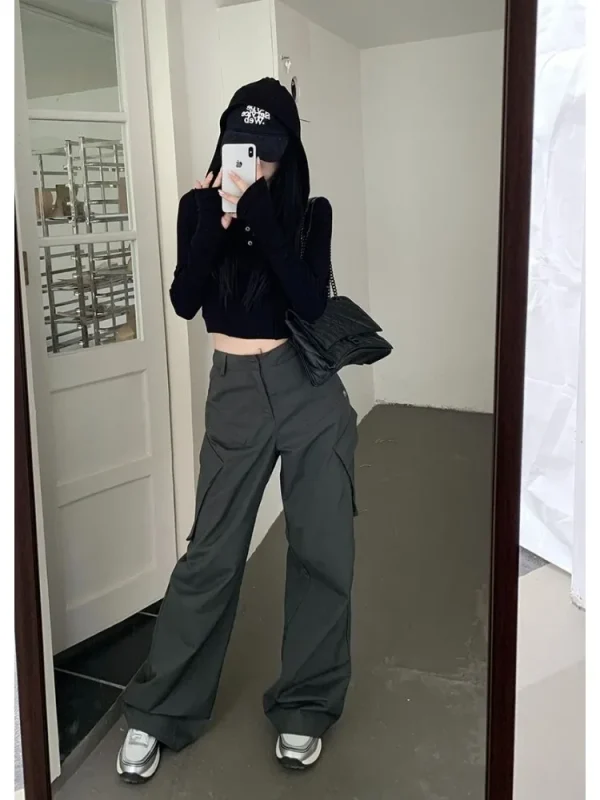 HOUZHOU Pantaloni Cargo da Donna Grigio Vintage Y2k Baggy Stile Coreano Pantaloni a Vita Alta Techwear Estetica Femminile Streetwear Hippie 5