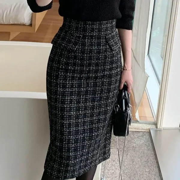 Mezza gonna scozzese di lana Piccolo stile profumato Nuova collezione autunno e inverno Gonna snellente e avvolgente stile medio-lungo 3