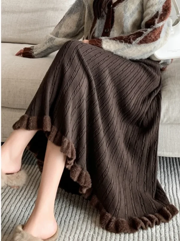 SMTHMA Gonna in pelliccia di visone per donna 2025 Nuovo autunno inverno Gonna elastica a vita alta lavorata a maglia Gonna a pieghe con volant medio da donna 5