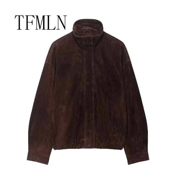 TFMLN Nuovo Autunno Inverno Giacca Allentata da Donna Manica Lunga Ritagliata Cerniera Giubbotti Moda Cappotti Caldi Capispalla Casual ﻿ 2
