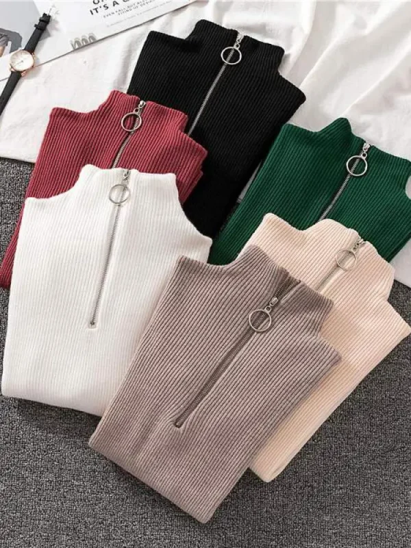 Maglioni lavorati a maglia solidi moda donna Maglione vintage a maniche lunghe con zip basic a mezzo collo alto Pullover femminili Top casual chic 2