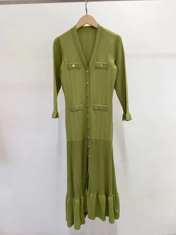 Abito da donna monopetto con volant in maglia con scollo a V manica lunga femminile elegante abito longuette all'inizio della primavera 3