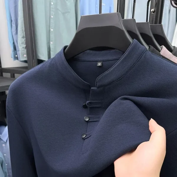 T-shirt a maniche lunghe da uomo 2024 nuova primavera e autunno felpa con cappuccio casual da uomo in stile cinese con colletto rialzato con base in cotone 4