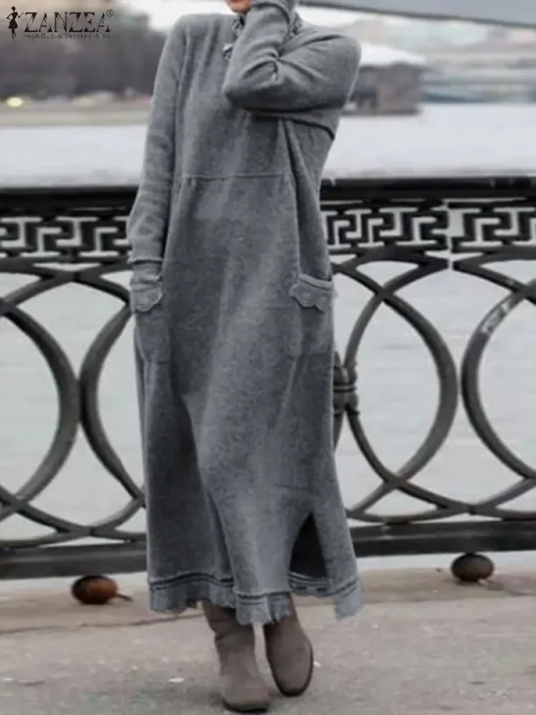 ZANZEA inverno autunno felpa vestito donna pizzo Crochet Pullover Vestidos solido O collo manica lunga in pile prendisole Robe felpe con cappuccio 1