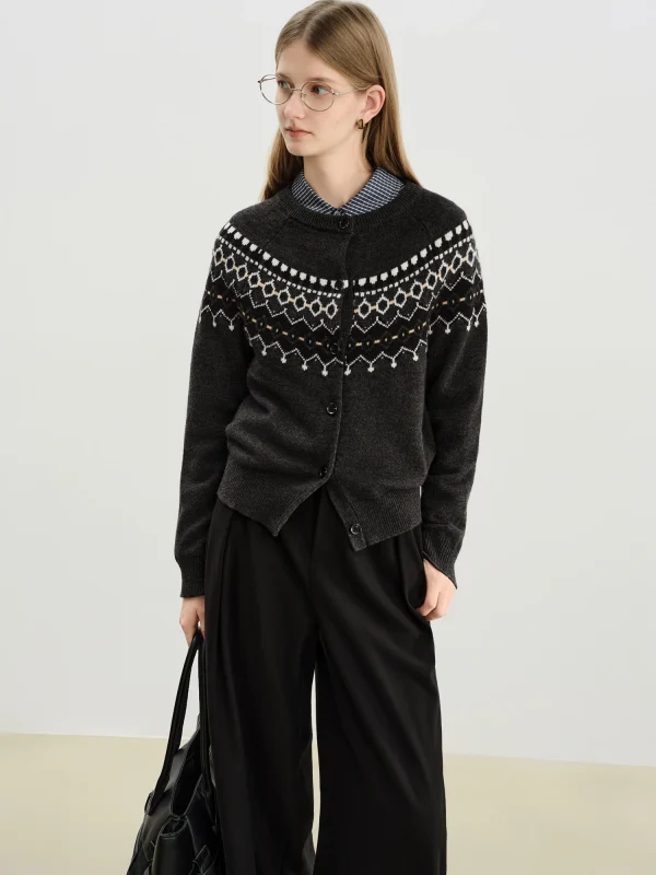 ZIQIAO 2025 Inverno Inizio autunno Nuovo arrivo Fair Isle Cardigan aperto lavorato a maglia Petite donna Maglieria di lana chic e di ispirazione vintage 5