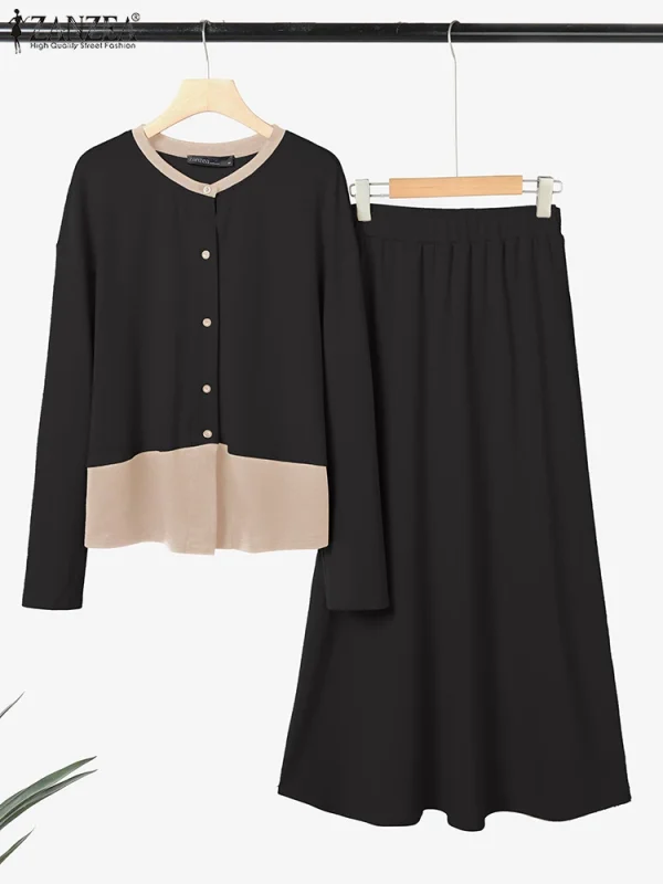 ZANZEA Set di abiti eleganti lavorati a maglia da donna 2025 Camicie patchwork di colore a maniche lunghe autunno e maxi gonne Moda casual allentata 2 pezzi 3