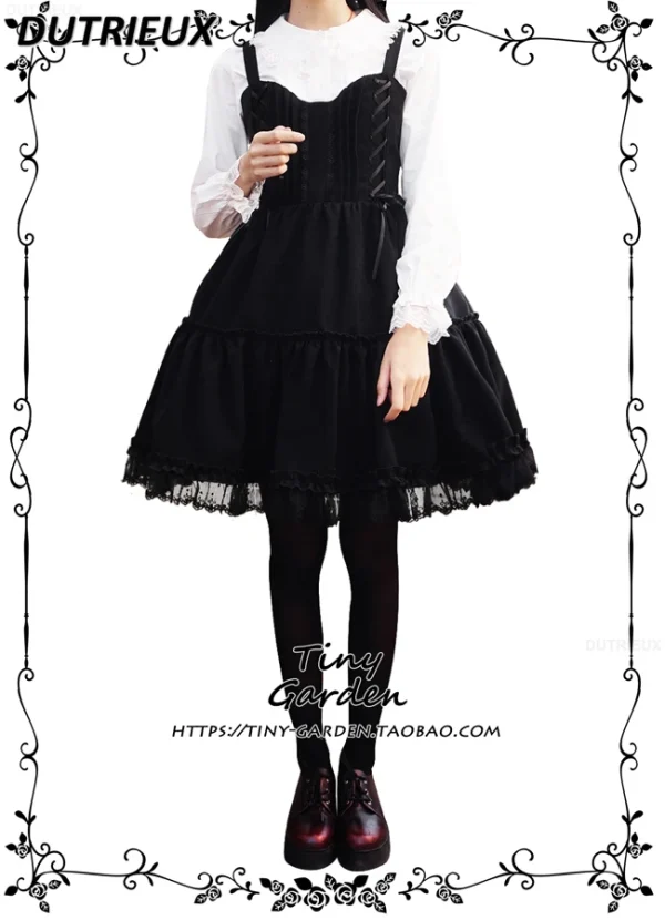 Abito con bretelle in pizzo con fiocco per ragazze dolci autunno e inverno bordeaux JSK Abiti eleganti con canotta dimagrante a vita alta stile Lolita 5