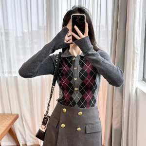 Top Donna y2k vestiti Lingge Modello Top Polo Style Pullover Maglione lavorato a maglia GA Tutta la lana 24autunno/inverno Nuovo articolo Linea in pile 1