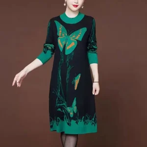 Eleganti abiti lavorati a maglia stampati a farfalla autunno inverno Casual impiombati abbigliamento donna a-line vita mezzo collo alto abito Midi 1