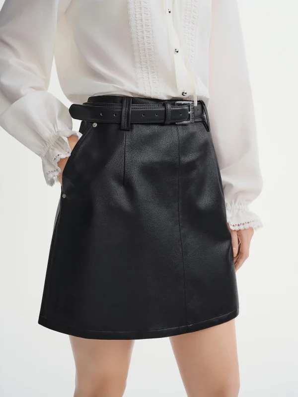 DUSHU Gonna in pelle a trapezio a vita alta da donna taglie forti Inverno 2025 Nuovo arrivo dalla mezza gonna della collezione marrone nero audace 2