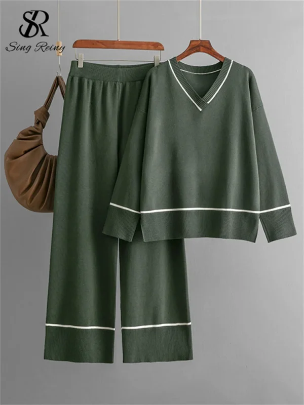 SINGREINY Homewear Knitting set donna scollo a v Split Basic top larghi + vita alta gambe larghe pantaloni Casual autunno inverno 2 pezzi abiti 4