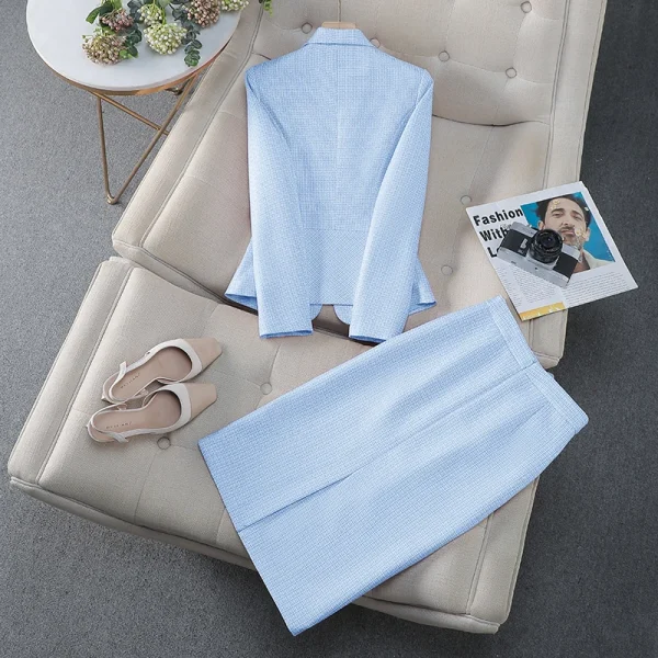 NAVIU Tessuto di alta qualità Stili eleganti Abiti da donna Temperamento blu Giacca a maniche lunghe e gonna Abbigliamento da lavoro da donna per ufficio 2