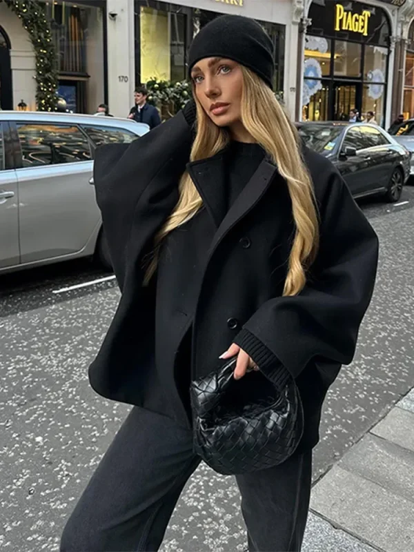 Cappotto doppiopetto in lana da donna Colletto rovesciato nero Capispalla casual allentato 2025 Giacca da strada a maniche lunghe femminile autunnale 5