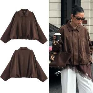 HH Cappotti da donna con trama in pelle scamosciata allentata solida moda di strada causale maniche lunghe a pipistrello bavero cerniera volare giacche vintage invernali 1