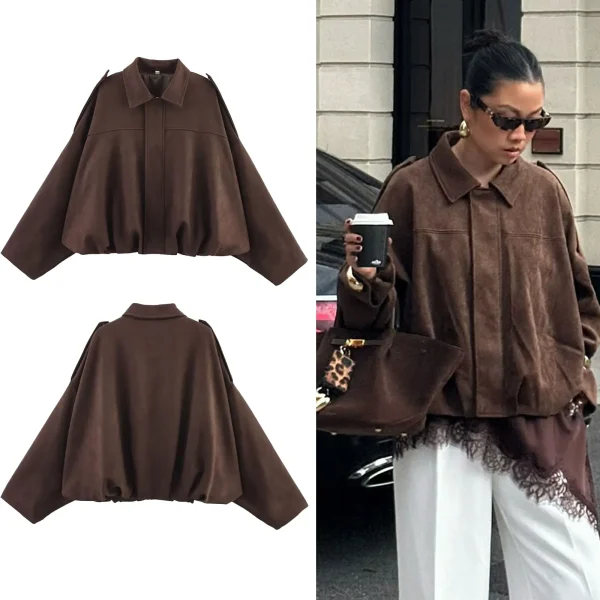 HH Cappotti da donna con trama in pelle scamosciata allentata solida moda di strada causale maniche lunghe a pipistrello bavero cerniera volare giacche vintage invernali 1