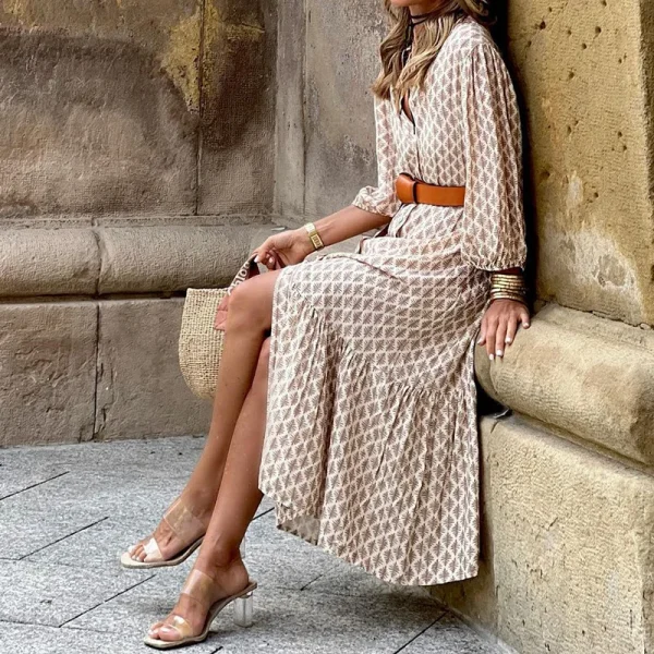 2025 Donna Autunno Inverno Elegante Casual Scollo a V Pullover Cintura Stampata Maniche a palloncino Slim Fit Abito di media lunghezza con cintura 3