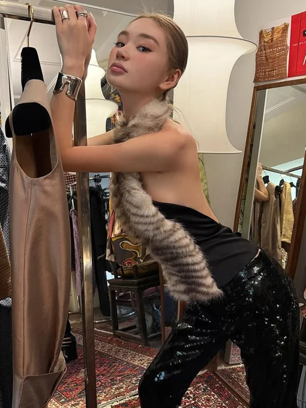 Nibber Backless Tiger Stripes Furry Canotte Donna Autunno Nuova Tendenza Sexy Halter Senza Maniche Patchwork Midnight Party Clubwear 2