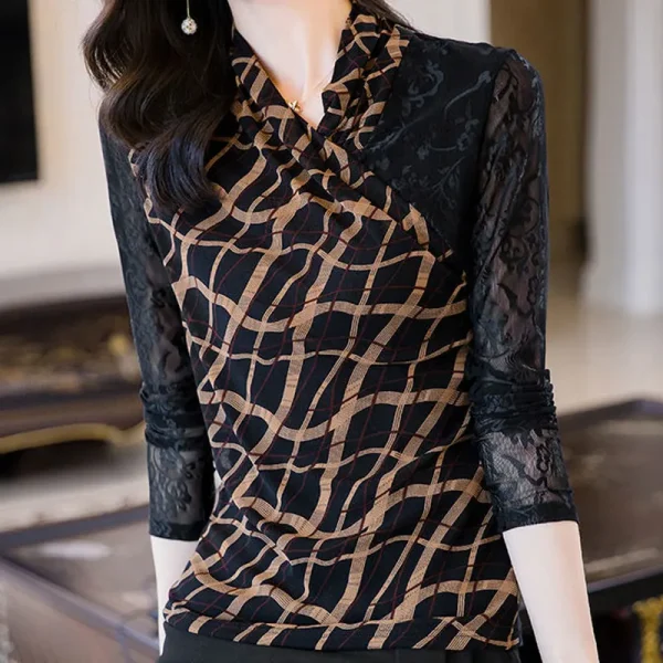 T-shirt stampata scozzese astratta Vintage elegante scollo a v elegante Patchwork di pizzo di garza primavera autunno abbigliamento donna pullover Slim 4