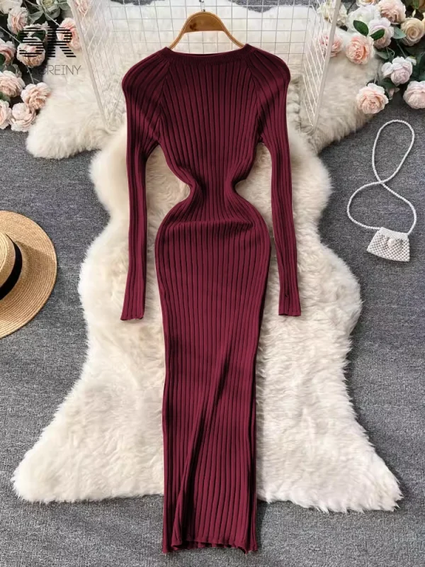 SINGREINY Abito lungo in maglia da donna invernale o collo autunno manica lunga slim solido Harajuku moda donna maglione a matita abiti lunghi 6