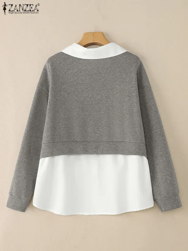 2025 ZANZEA Felpe da donna Elegante autunno Felpe con cappuccio Top a maniche lunghe Elegante OL Camicetta da lavoro Pullover Risvolto Patchwork Blusas 5