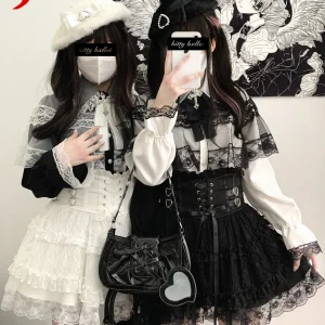Minette giapponesi stile dolce carino pizzo splicing lace-up cuore fibbia in PU vita alta sottile a-line versatile Lolita gonne corte da donna 1