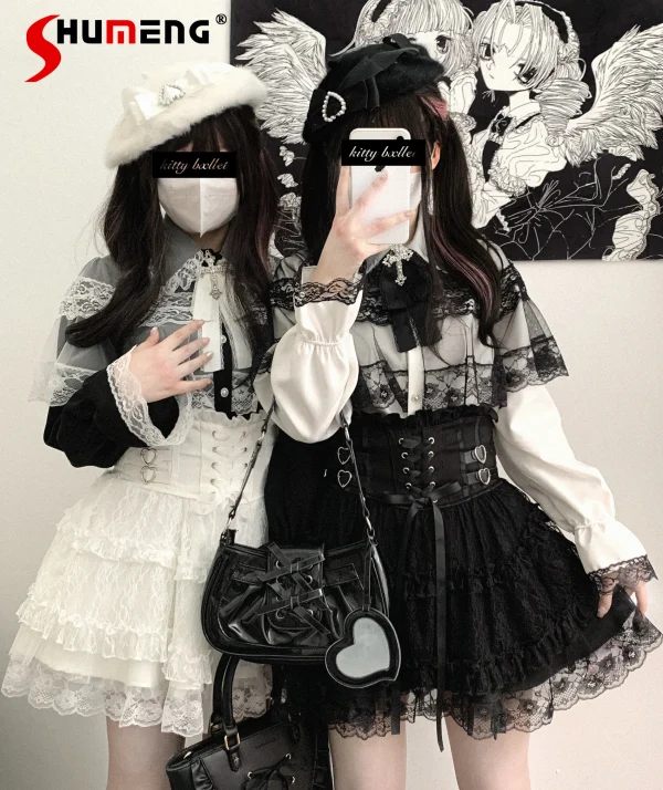 Minette giapponesi stile dolce carino pizzo splicing lace-up cuore fibbia in PU vita alta sottile a-line versatile Lolita gonne corte da donna 1