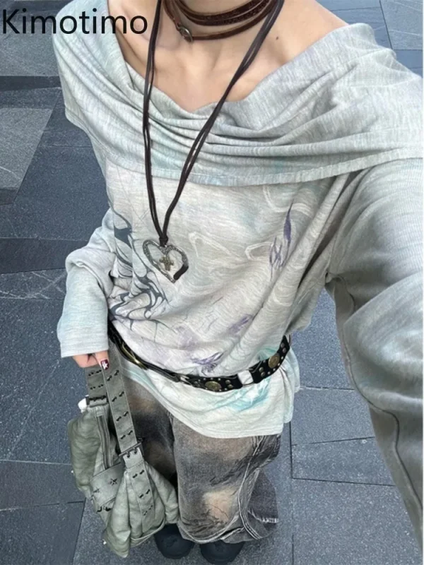 Kimotimo Punk Stampato Colletto Oscillante T-shirt con Cappuccio Donna Giapponese Vintage Allentato Manica Lunga Magliette 2025 Autunno Y2k Gotico Magliette 4