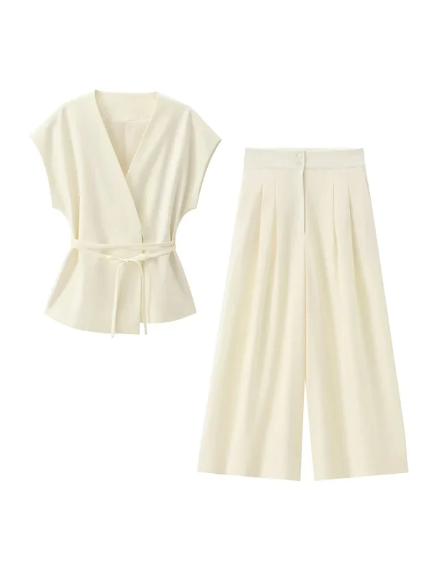 TFMLN Pantaloni da donna alla moda Abiti senza maniche con scollo a V Top con cintura Pantaloni dritti Set 2025 Primavera Estate Pendolari Set da 2 pezzi 2