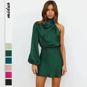 2025 Autunno Inverno Nuovi abiti di moda 2025 Abiti da festa donna Raso a maniche lunghe Monospalla Gonne eleganti Y2k Abbigliamento donna 1