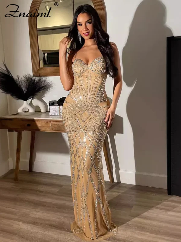 Znaiml Luxury Women Celebrity Spaghetti Strap senza maniche Prom formale sirena Maxi abito sexy scintillante strass compleanno Vestido 3