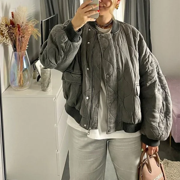 Moda elegante solido bomber giacca cappotto caldo da donna a maniche lunghe allentato casual outwear 2024 club party grigio street wear femminile 6