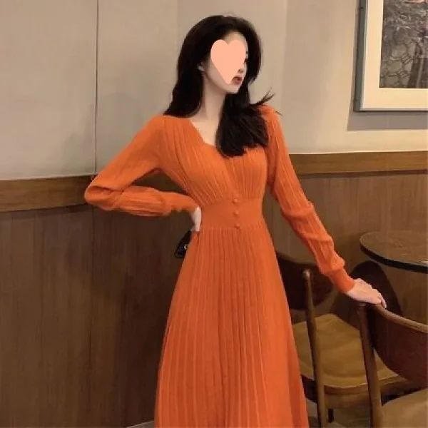 Abito maglione lungo lavorato a maglia francese FAshi da donna che impara la vita con scollo a V manica intera autunno inverno nuovo stile abito strato base 2