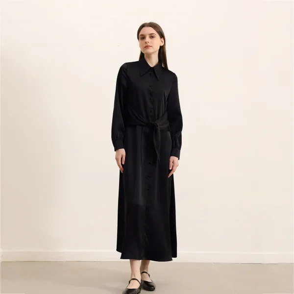 Abito lungo con colletto AP 25 AW da donna Nuovo abito in raso nero e oliva Cintura in vita Abiti eleganti 2