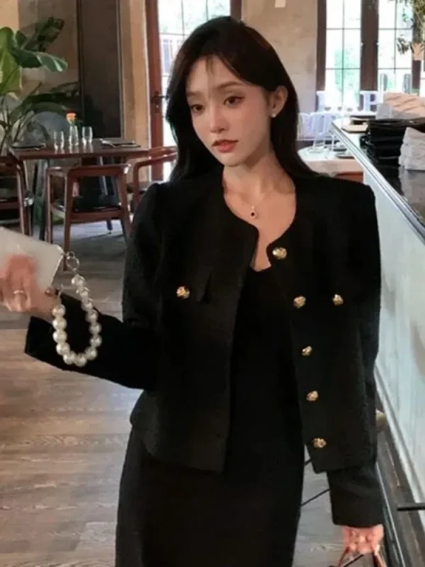 Semplice solido inghilterra giacca di Tweed donna bottoni eleganti manica lunga cappotto dolce Casual O collo moda sciolto autunno inverno Top 5