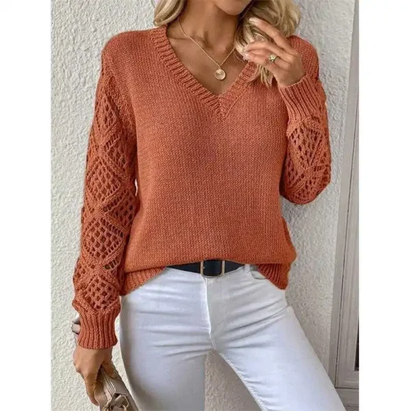 Manica lunga Pointelle Maglia Top Pullover Maglione da donna Traforato Manica lunga con scollo a V Maglione Autunno Inverno Blusas Para Mujer Outfit 2