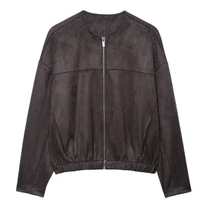 Giacca bomber da donna in finta pelle scamosciata a maniche lunghe con cerniera frontale Capispalla chic Top alla moda per donna 1