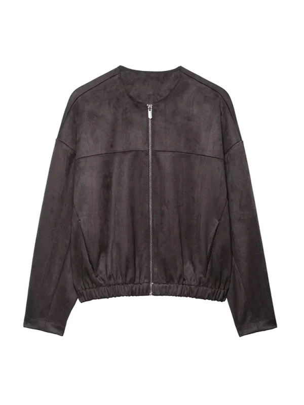 Giacca bomber da donna in finta pelle scamosciata a maniche lunghe con cerniera frontale Capispalla chic Top alla moda per donna 1