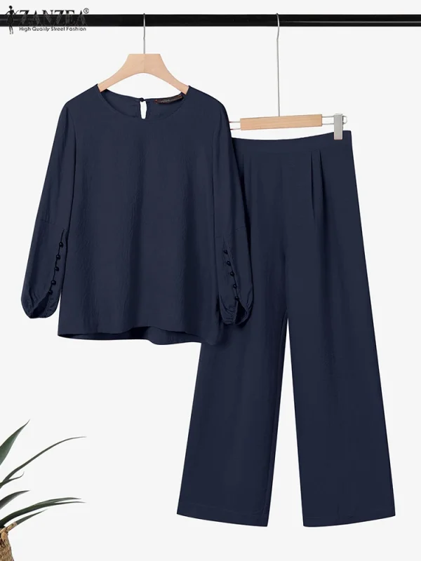 ZANZEA Donna Due Pezzi Outfit 2025 Moda Top a Manica Lunga Autunno Casual Solido A Vita Alta Pantaloni Lunghi Set 2PCS Abiti Tuta 5