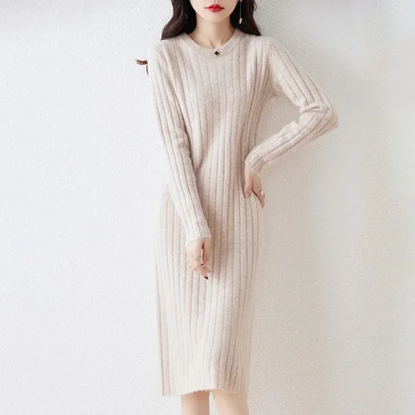 Abito in maglia di pura lana al 100% Gonna maglione sottile al ginocchio autunno e inverno da donna con gonna a fondo 6