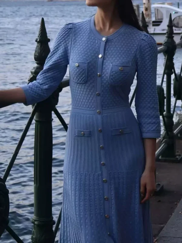 2025 Estate Nuovo Temperamento di Moda Abito Lavorato a Maglia da Donna Elegante Scava Fuori O-Collo monopetto Abito Lungo da Donna 1