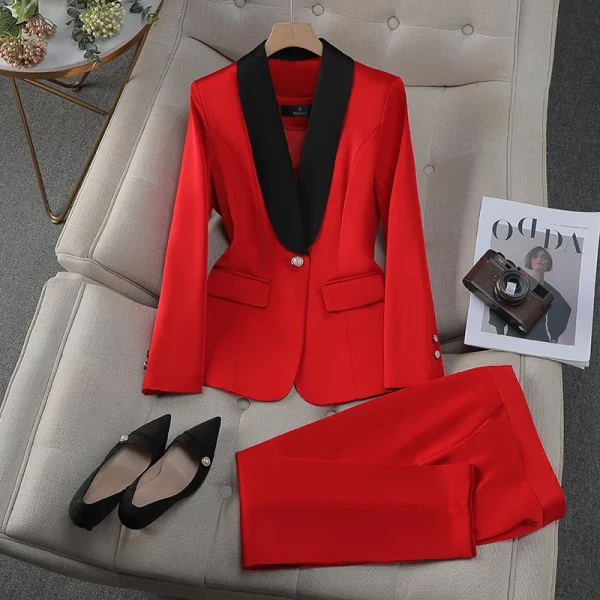 NAVIU Abbigliamento da lavoro da lavoro Set da 2 pezzi Viola Rosso Giallo Albicocca Giacca a maniche lunghe e pantaloni da donna Pantalone da lavoro formale 3